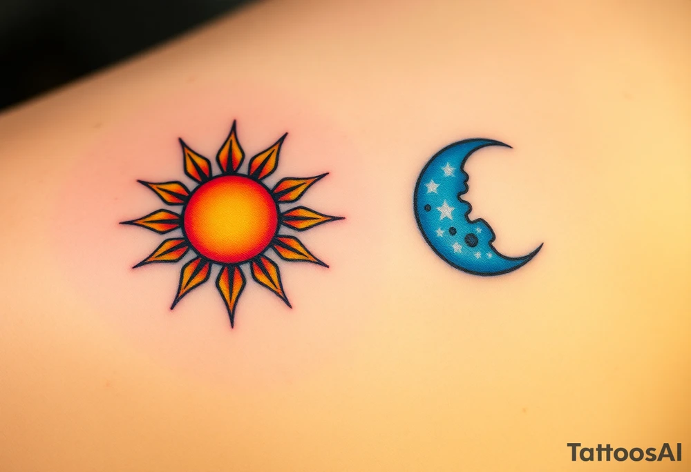 Matching sun and moon tattoos one for father and one for kid in warm orange and cool blue signify balance and harmony between father and kids. tattoo idea