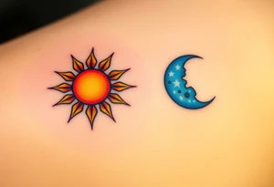 Matching sun and moon tattoos one for father and one for kid in warm orange and cool blue signify balance and harmony between father and kids. tattoo idea