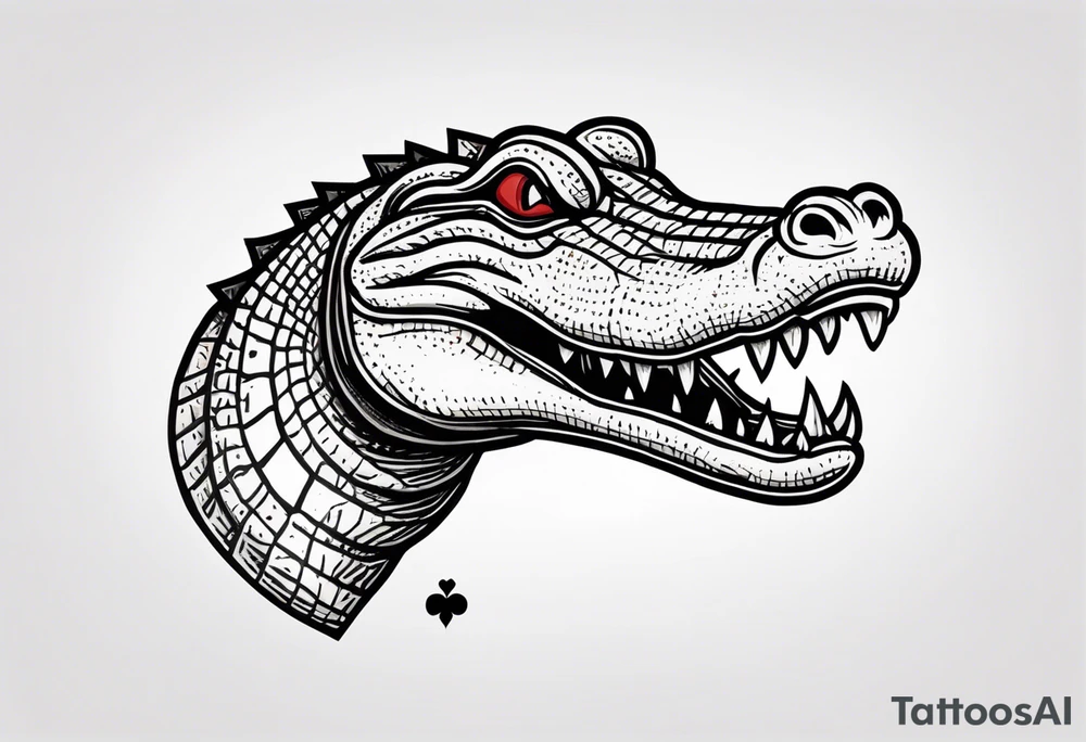 Alligator biting hand with a poker card that has 2 of spades in it tattoo idea