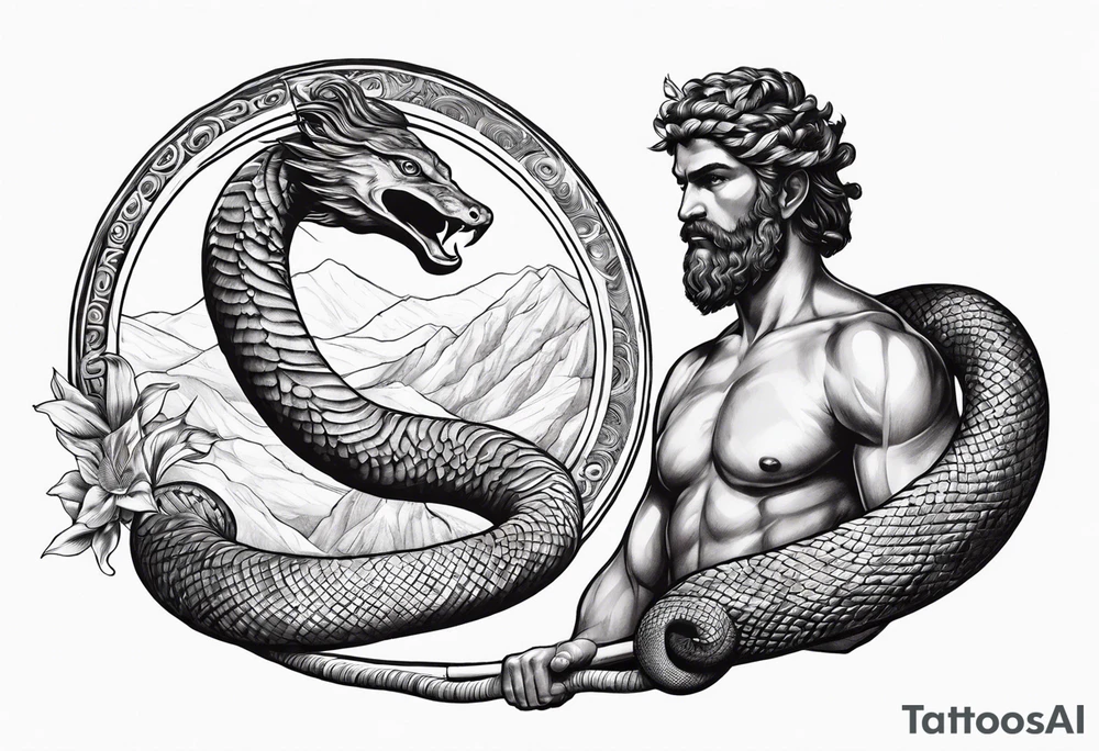 Naked Ascelpius with toga and with a wood stick with a coiled snake tattoo idea