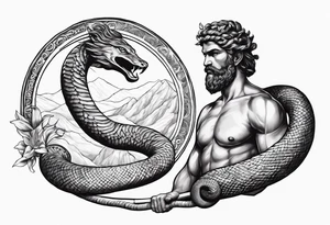 Naked Ascelpius with toga and with a wood stick with a coiled snake tattoo idea