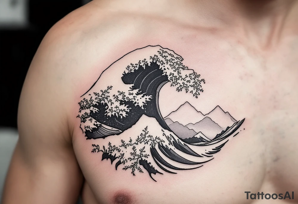 A fine-line black and gray wave flows into a mountain silhouette on the upper arm. tattoo idea