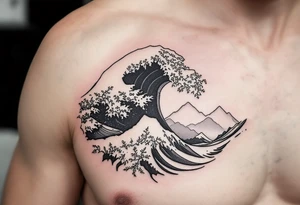 A fine-line black and gray wave flows into a mountain silhouette on the upper arm. tattoo idea
