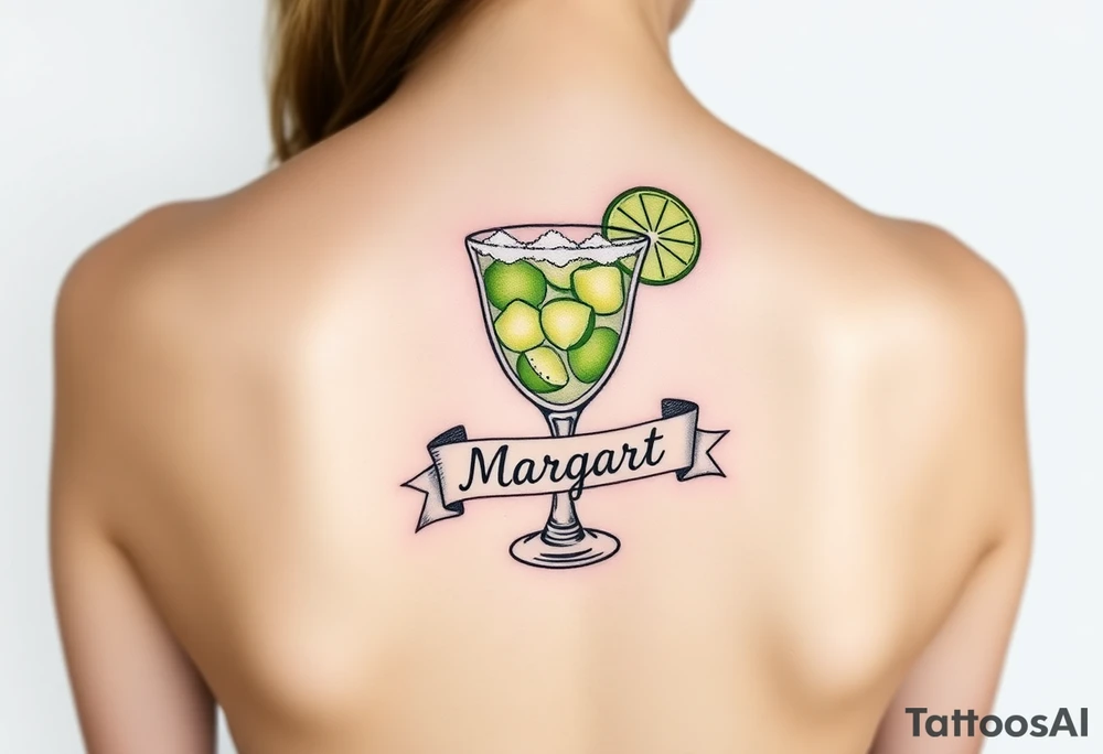 Margarita on the rocks with salt and lime and a traditional banner that says Margaret tattoo idea