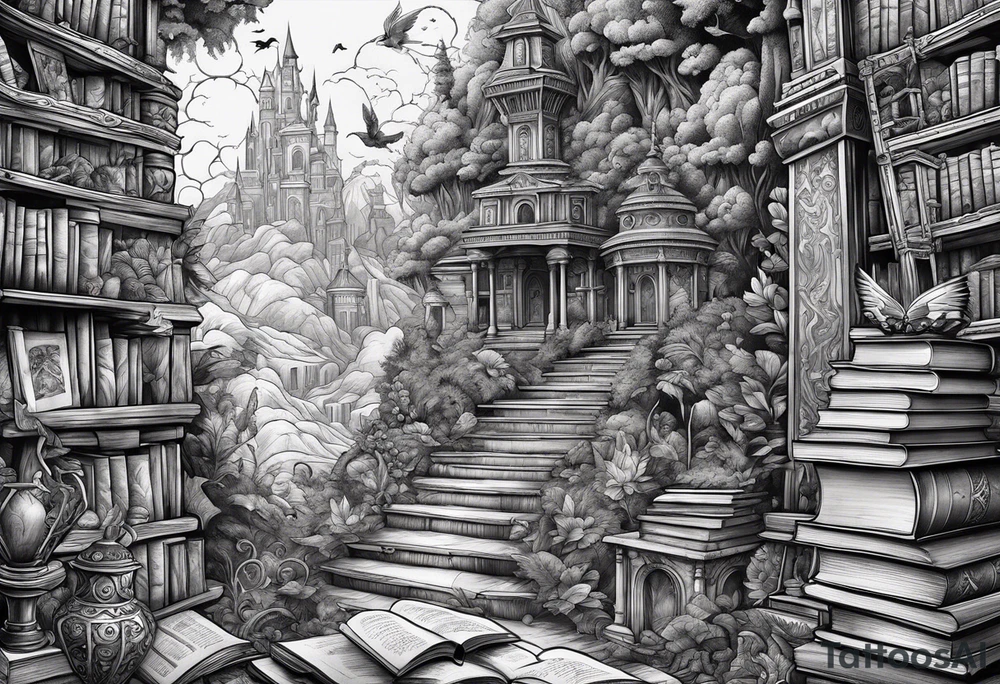 Stack of books surrounded by fantasy creatures tattoo idea