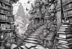 Stack of books surrounded by fantasy creatures tattoo idea