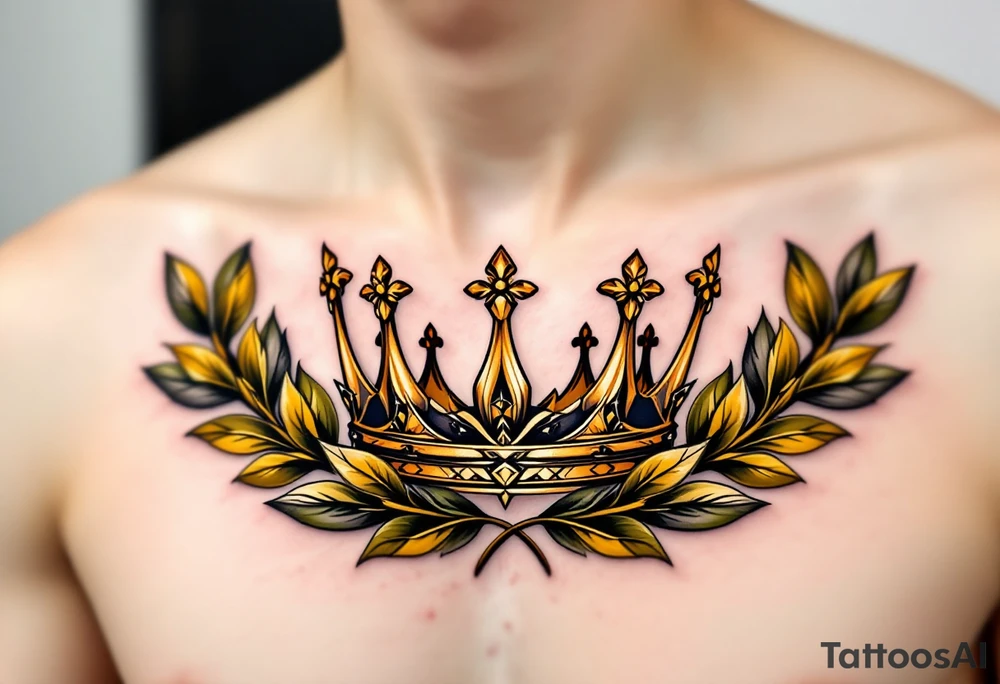 Realistic crown tattoos with metallic gold tones, surrounded by laurel leaves in muted olive green. tattoo idea