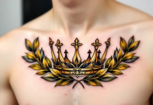 Realistic crown tattoos with metallic gold tones, surrounded by laurel leaves in muted olive green. tattoo idea