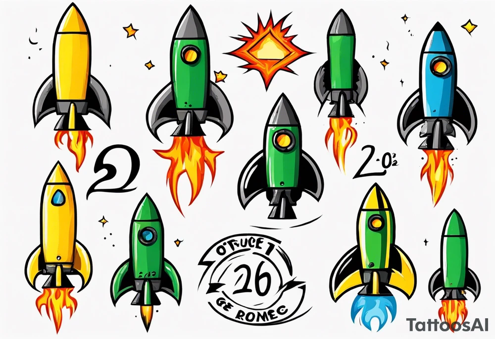 Simple cartoon rocket in green, gray, yellow, blue. Fire coming out the rocket. Black ring around the rocket with "26.2" written at the 10 o-clock position tattoo idea