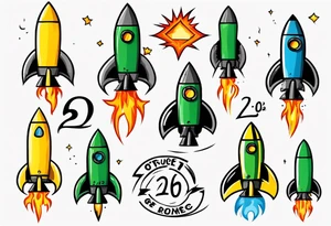 Simple cartoon rocket in green, gray, yellow, blue. Fire coming out the rocket. Black ring around the rocket with "26.2" written at the 10 o-clock position tattoo idea