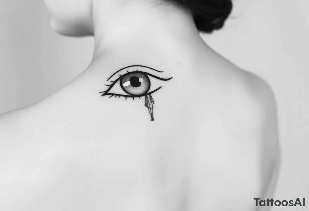 A fine line design featuring an longing eye with the reflection of an ambiguous woman walking away tattoo idea