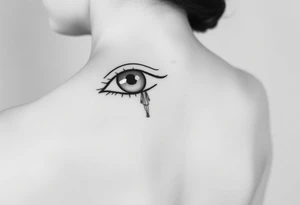 A fine line design featuring an longing eye with the reflection of an ambiguous woman walking away tattoo idea