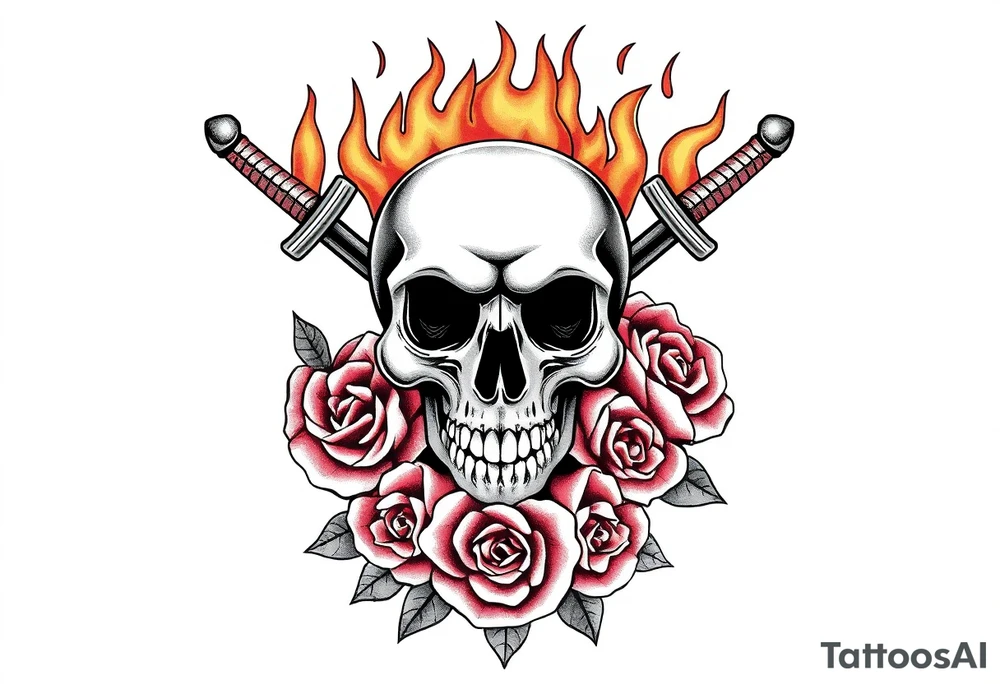 Skull engulfed in flames, crossed swords behind, blooming roses. tattoo idea