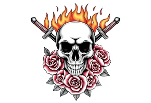 Skull engulfed in flames, crossed swords behind, blooming roses. tattoo idea