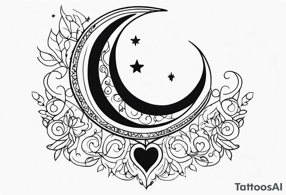 Crescent moon with hearts dangling from the bottom of it tattoo idea