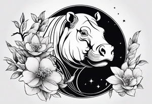 Asymmetrical, geometric, chinese ink art touch, hippo , full moon, wintersweet flower, light , modify from my favourite, s-shape tattoo idea