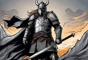 A Christian viking in armor except the helmet on the brink of death pierced with arrows propping himself up with his sword on a seemingly bleak battlefield while still looking up with hope tattoo idea