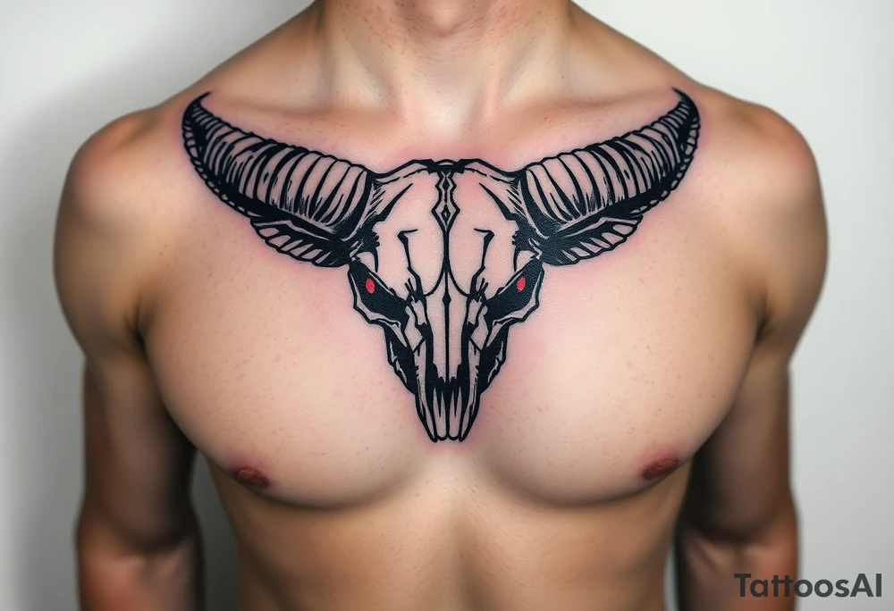 Evil Abstract looking taurus skull chest tattoo with red eyes tattoo idea