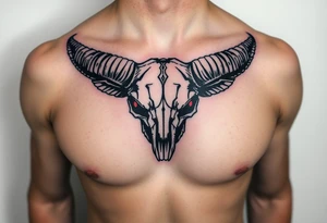 Evil Abstract looking taurus skull chest tattoo with red eyes tattoo idea
