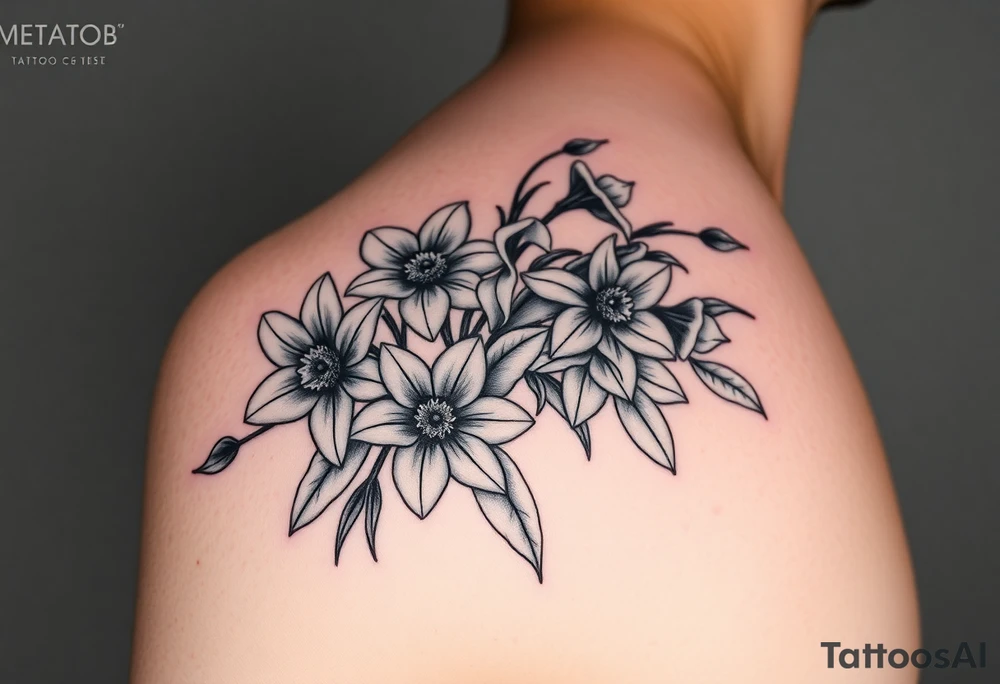 realistic daisies, daffodils, lily of the valley covering bicep for woman tattoo idea