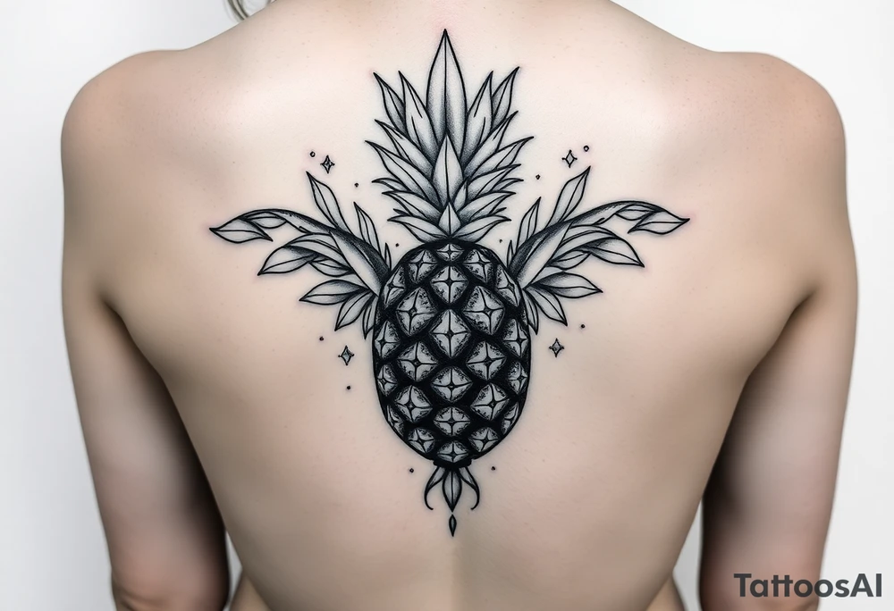 Design around a vagina and anus using a pineapple with diamonds and magestic, crown, vagina, anus, pubic tattoo idea