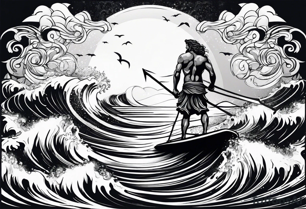 Poseidon im Vordergrund mit Windsurfer und Wellen im Hintergrund tattoo idea