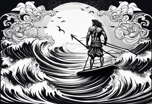 Poseidon im Vordergrund mit Windsurfer und Wellen im Hintergrund tattoo idea