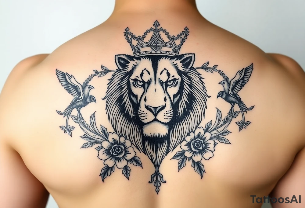 powerful majestic lion with a crown, surrounded by floral ornaments and birds tattoo idea
