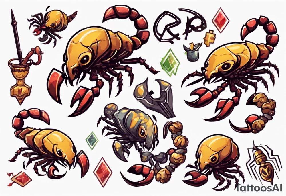 background that represents game development and designs with a scorpion make it magical, and cute tattoo idea