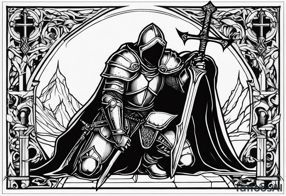 Crusader warriors with sword and cross, kneeling tattoo idea