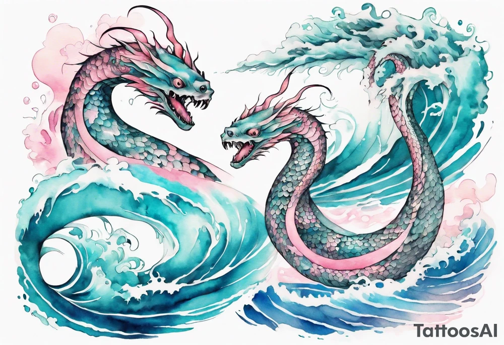 a turquoise and white and pink pretty sea serpent with beautiful eyes rising from the blue waves of the ocean tattoo idea