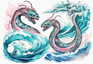 a turquoise and white and pink pretty sea serpent with beautiful eyes rising from the blue waves of the ocean tattoo idea