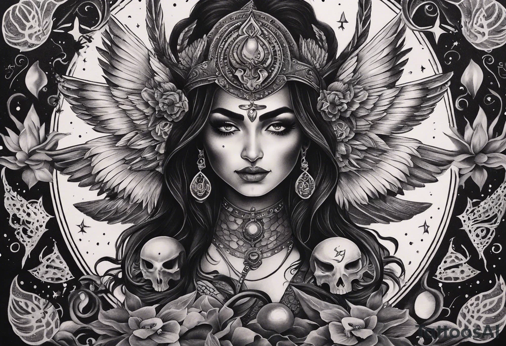 black kali, goddess pirate, alien, angel, pachamama, valkrye, warrior, flying, skull, lotus azul, wing, eagle, zenza resonance, stars, 5D, anahata chakra, death, durga, riding on a tiger, flying lady, kundalini, chest tatoo, rebel tattoo idea