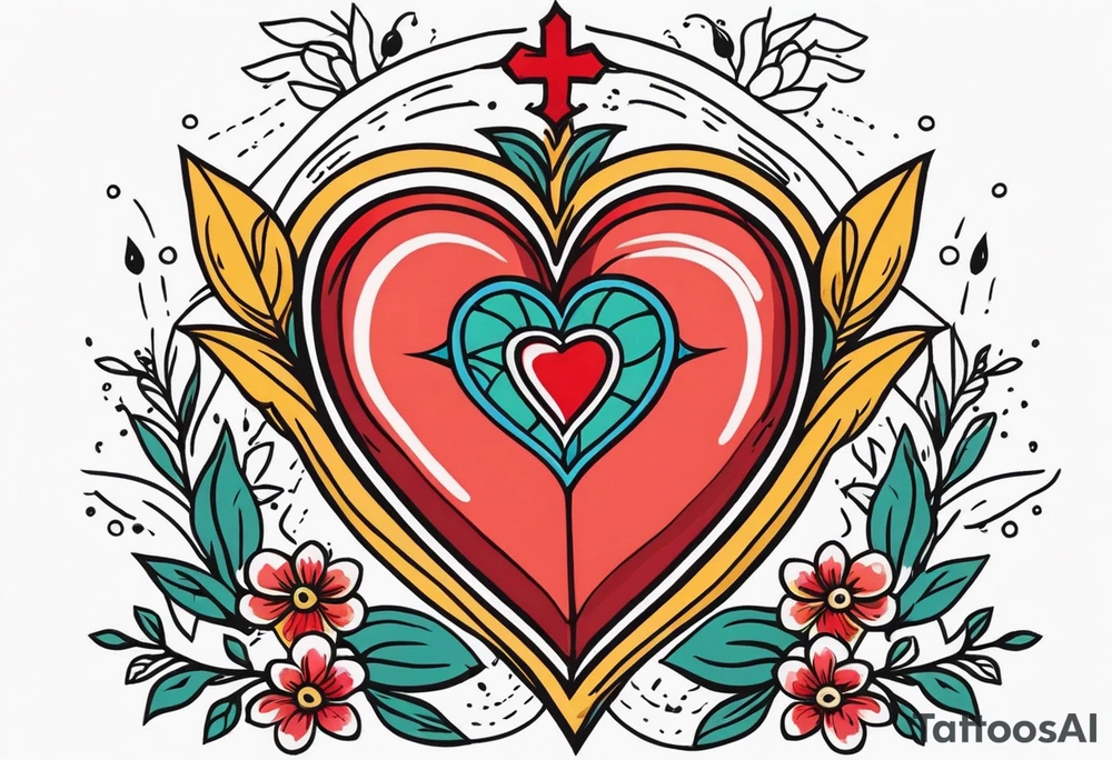 sacred heart traditonal vintage tattoo colorful with flowers tattoo idea