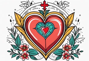 sacred heart traditonal vintage tattoo colorful with flowers tattoo idea