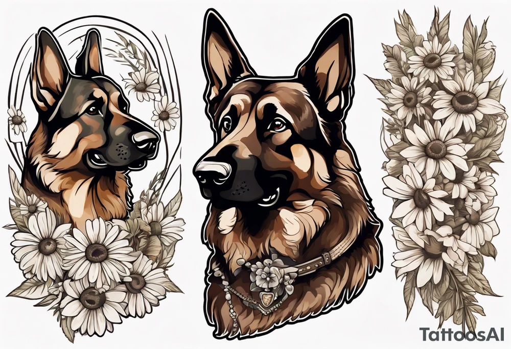 Dark Brown German shepherd portrait surrounded by  daisies tattoo idea