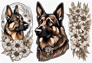 Dark Brown German shepherd portrait surrounded by  daisies tattoo idea