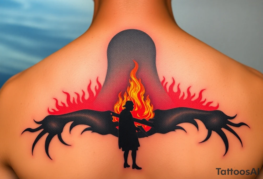A silhouette of Jan Hus standing before a bonfire, with fiery orange and red shades blending into a deep blue sky. tattoo idea