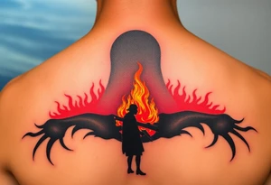 A silhouette of Jan Hus standing before a bonfire, with fiery orange and red shades blending into a deep blue sky. tattoo idea