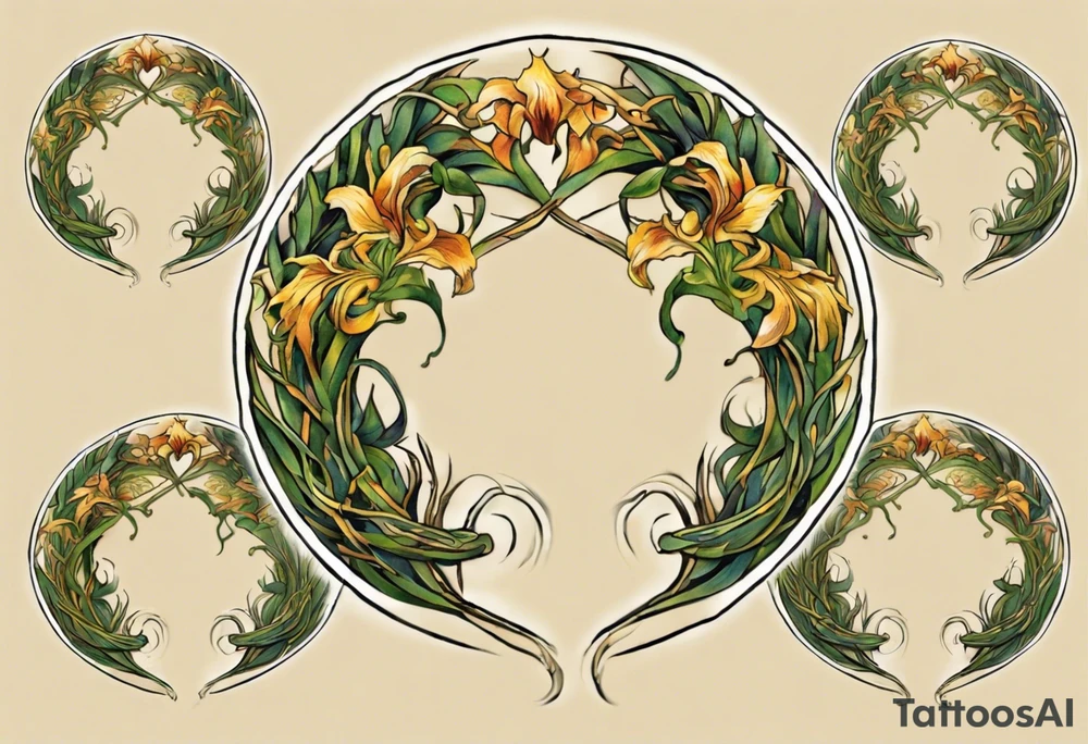 Create a small, colorful Vincent van Gogh Irises tattoo in the form of a crescent, with vines in Celtic knot style gracefully intertwining at a central point in the middle of the wreath. The intended placement is on the upper chest. The middle needs mountains. The overall design should be small in size while maintaining a delicate and artistic aesthetic. Pay attention to the graceful flow of the vines and the placement of the irises to achieve a refined and elegant look. tattoo idea