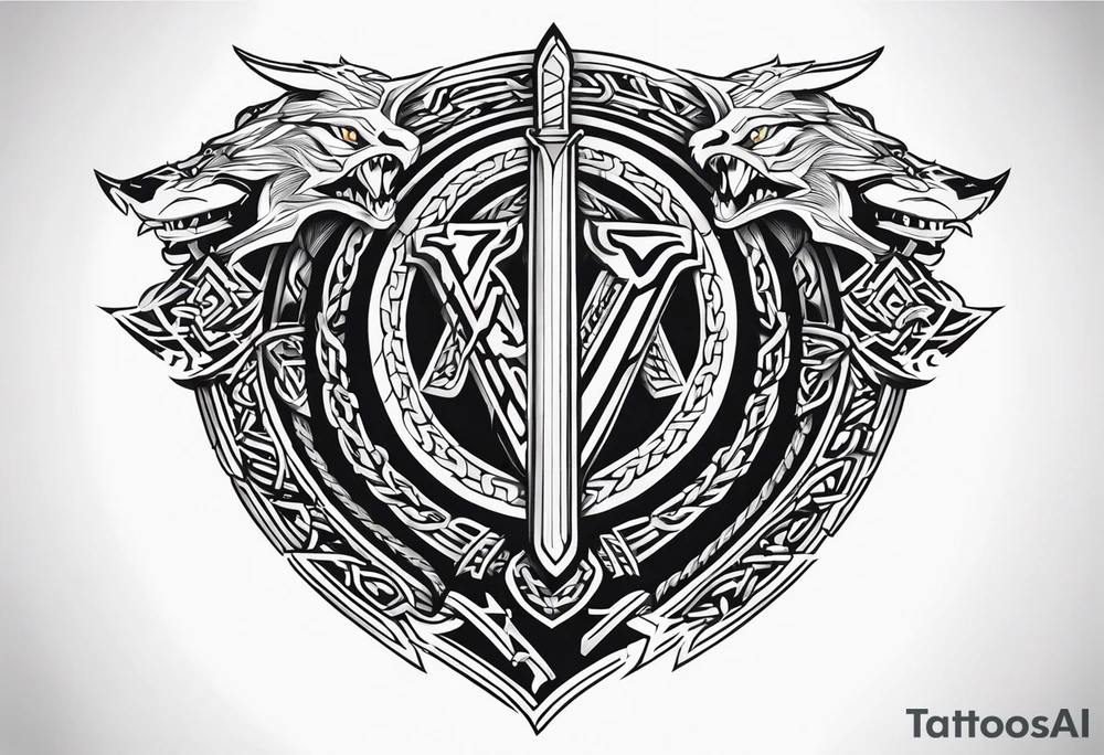 Valhalla sword shield dragon axe Valknut barbed wire chains tribal tattoo idea