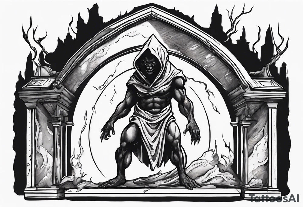 a black demonic figure lifting the roof, peering out into the surroundings with an ominous presence. tattoo idea