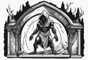 a black demonic figure lifting the roof, peering out into the surroundings with an ominous presence. tattoo idea