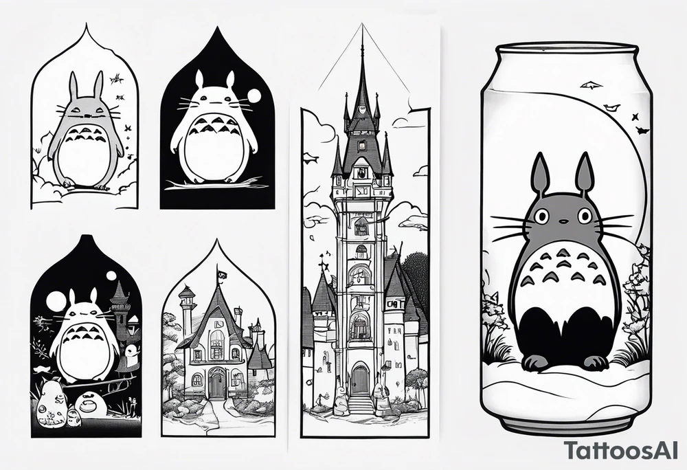 Sleeve, images from the cartoons the walking castle and gone with the ghosts, and totoro tattoo idea