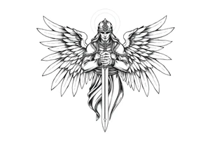 Holy Archangel, Biblical, Christianity, Hebrew, Guards of Christianity, Holding a sword, has six wings, wearing helmet, halo, seraphim tattoo idea