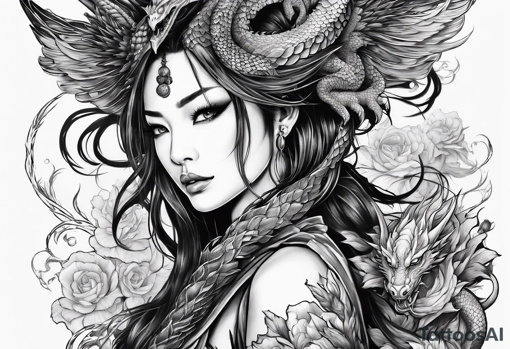 large warrior nymph with dragon tattoo idea