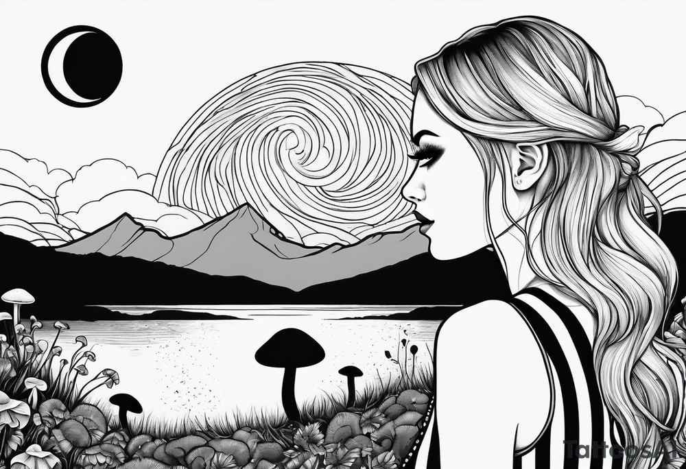 Straight blonde hair girl facing away toward mountains surrounded by mushrooms crescent moon circular design black and white striped dress tattoo idea