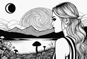 Straight blonde hair girl facing away toward mountains surrounded by mushrooms crescent moon circular design black and white striped dress tattoo idea