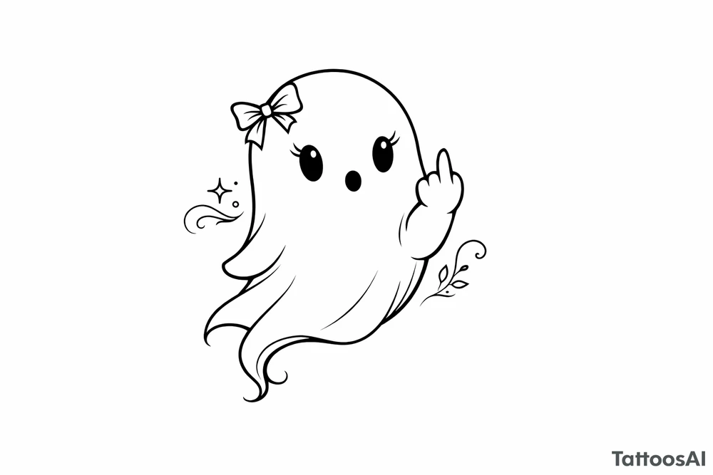 Cute ghost with a tiny bow in its hair, flipping the bird, playful tattoo. tattoo idea