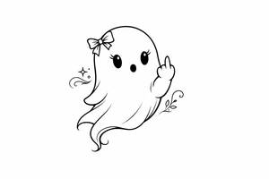 Cute ghost with a tiny bow in its hair, flipping the bird, playful tattoo. tattoo idea